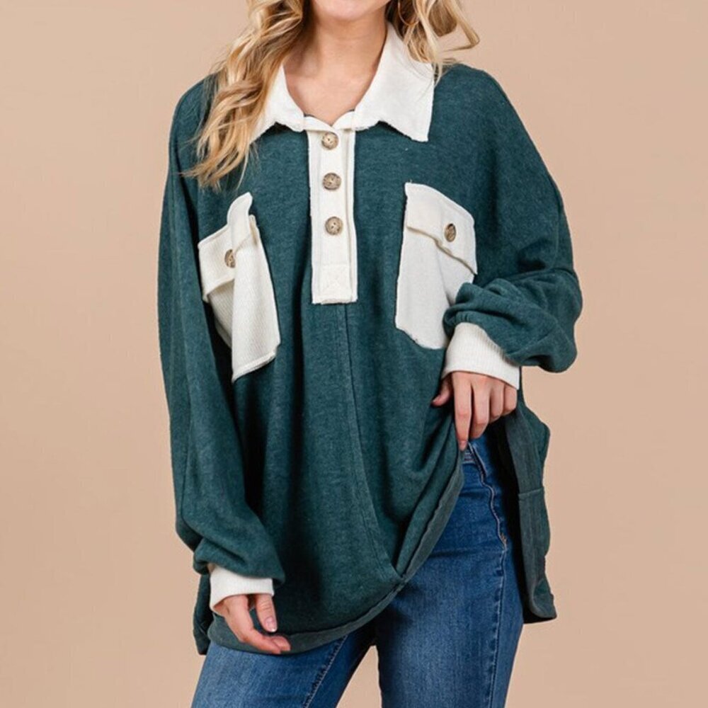 Ces Femme Green Cream Henley Top Oversized Colorblock Long Sleeve NWOT‎
